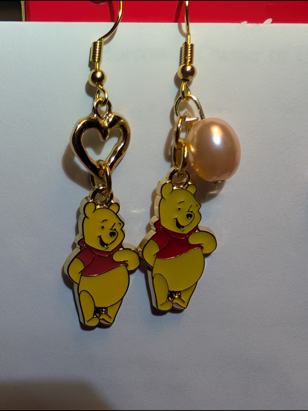 Gold-Tone Winnie The Pooh Drop Earrings with Pink Pearl Charm